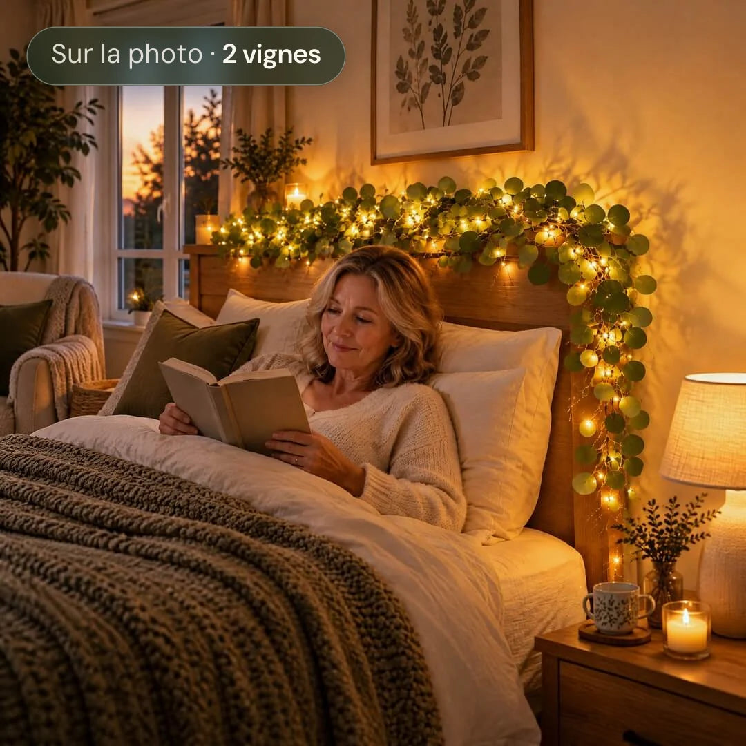 Vigne de Lumière guirlande d'eucalyptus lumineuse pour lire au lit, ambiance cocooning | Jardin de Mamie