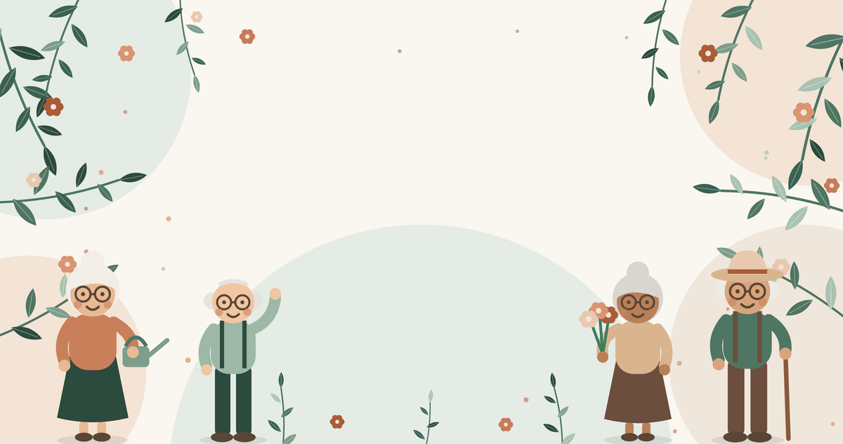 Illustration de grands-parents souriants dans un jardin fleuri, Le Jardin de Mamie