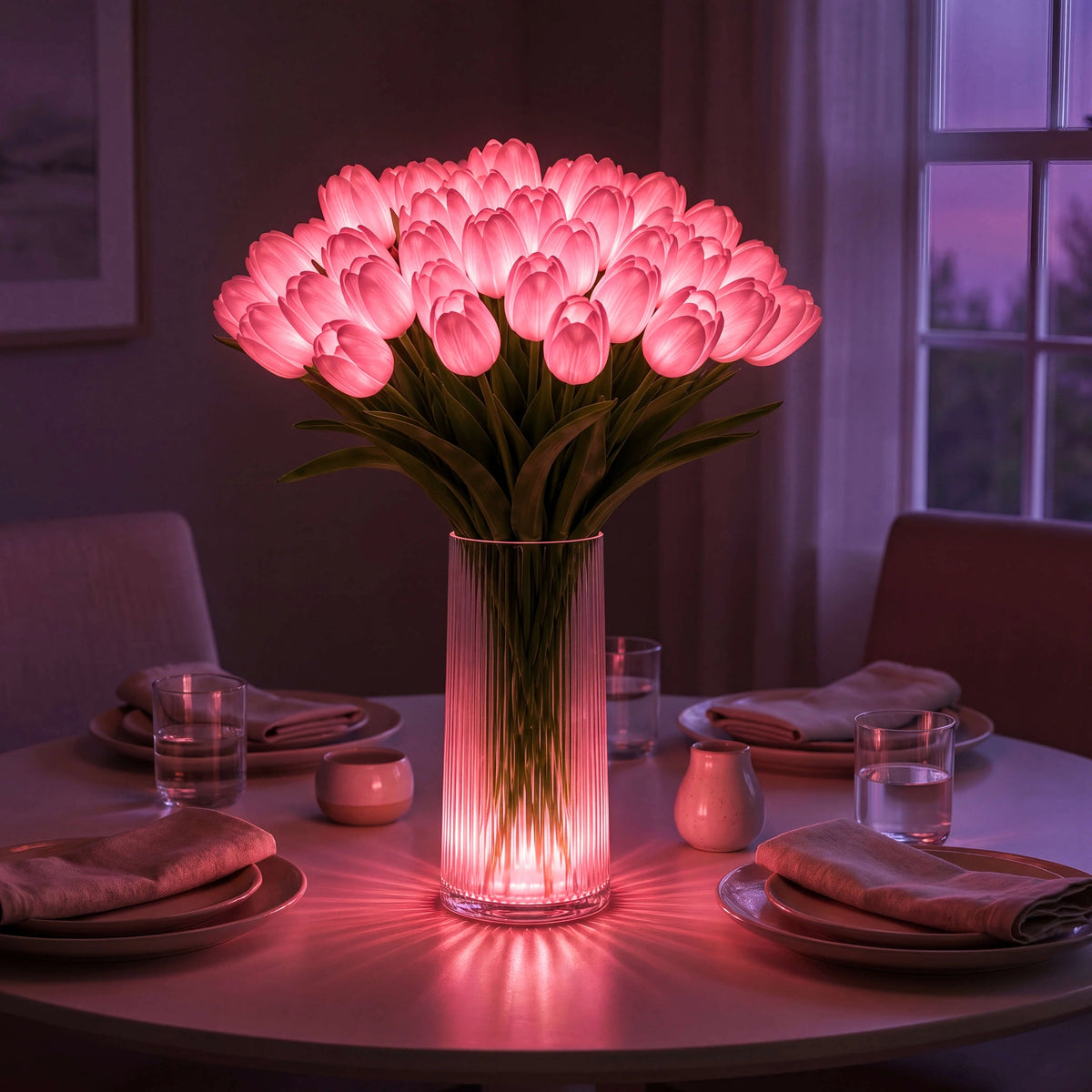 Bouquet de Lumière rose, tulipes lumineuses sur la table du dîner | Jardin de Mamie