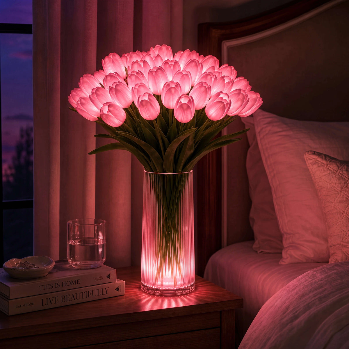 Bouquet de Lumière rose près d'une fenêtre le soir | Jardin de Mamie