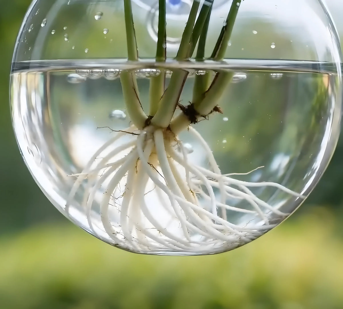 Bulles de Boutures, verre épais transparent et racines dans l'eau, gros plan | Jardin de Mamie