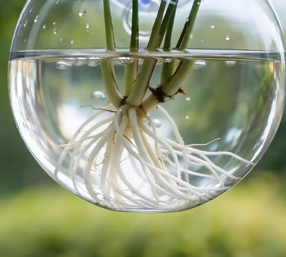 Bulles de Boutures, verre épais transparent et racines dans l'eau, gros plan | Jardin de Mamie