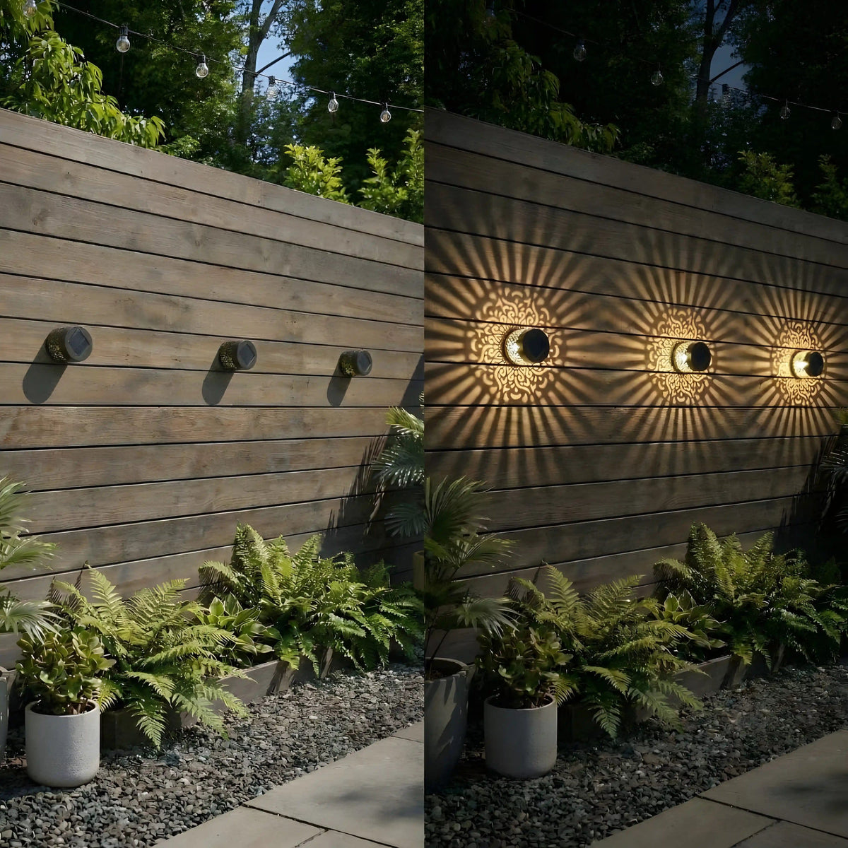 Trois lampes solaires fixées sur un mur en bois, éteintes le jour et projetant des motifs floraux la nuit