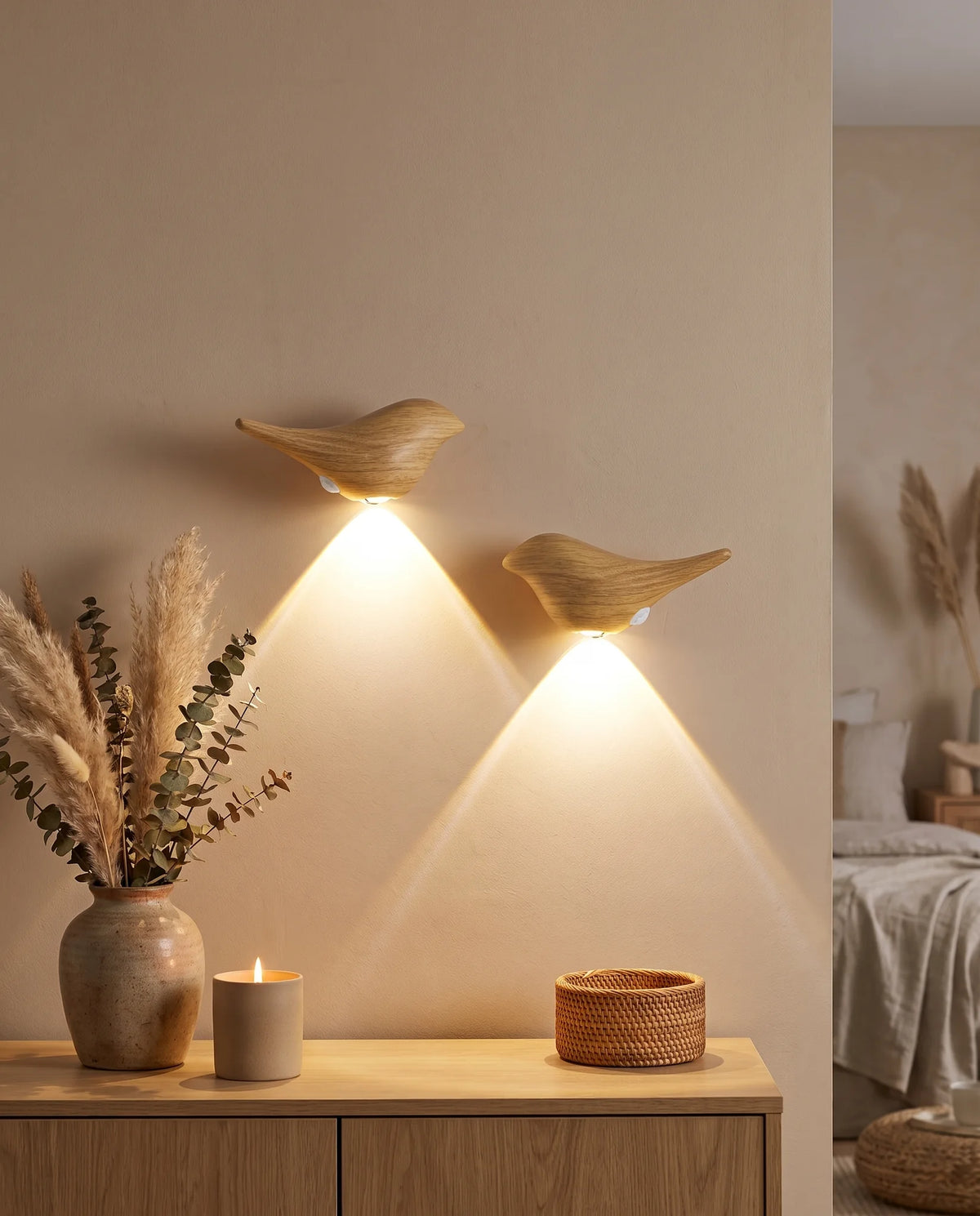 Mes petits oiseaux de nuit, duo d'oiseaux lumineux en bois clair au-dessus d'une commode | Jardin de Mamie