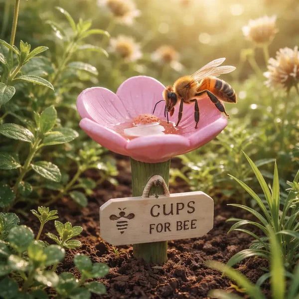 Coupe fleur rose avec une abeille, piquet planté dans le jardin