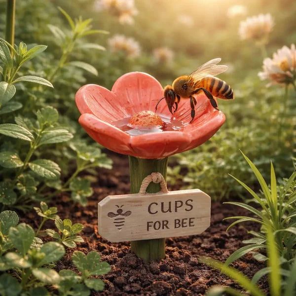 Coupe fleur rouge avec une abeille, piquet planté dans le jardin