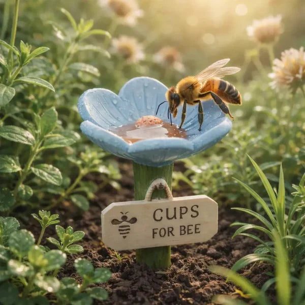 Coupe fleur bleue avec une abeille et son étiquette « Cups for bee » plantée en terre