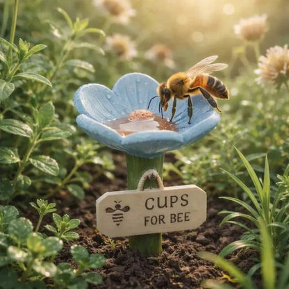 Coupe fleur bleue avec une abeille et son étiquette « Cups for bee » plantée en terre