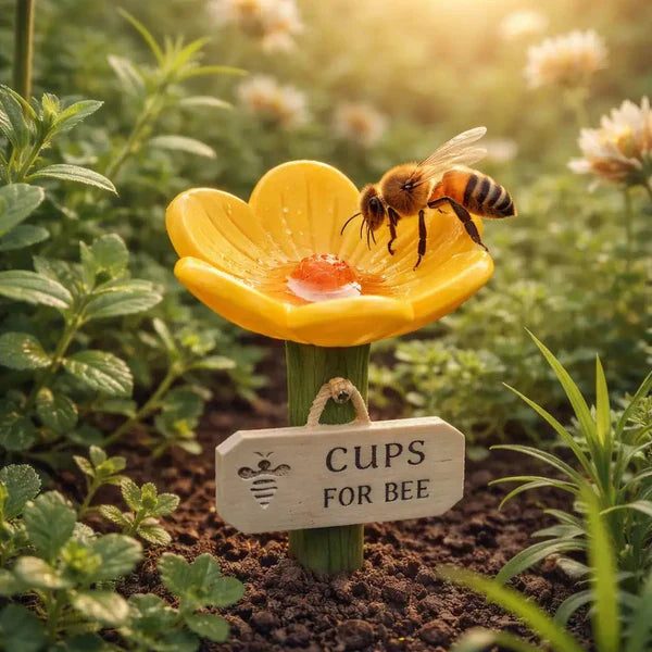 Coupe fleur jaune avec une abeille, piquet planté dans le jardin