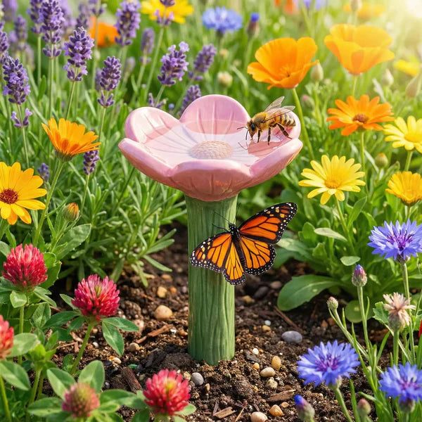Coupe fleur rose avec une abeille et un papillon au milieu de fleurs sauvages