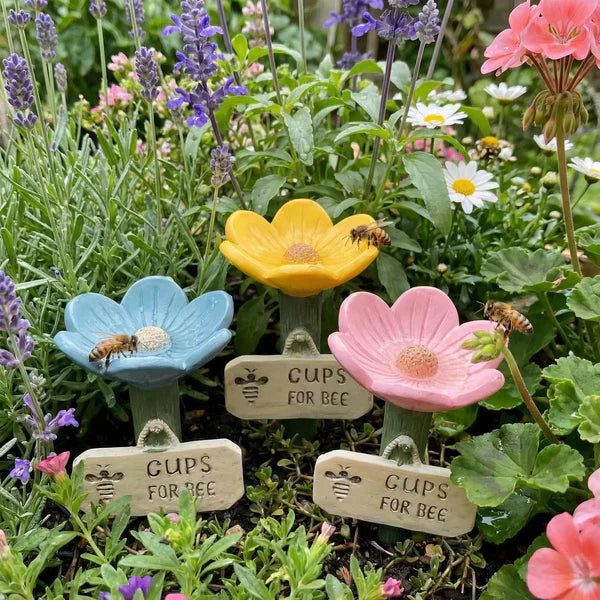 Quatre coupes fleurs de couleurs différentes dans un massif de fleurs
