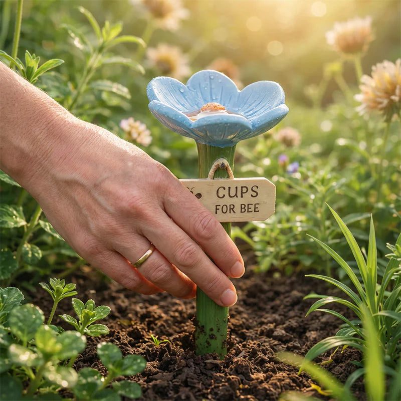 Main qui plante dans la terre le piquet d'une coupe fleur bleue