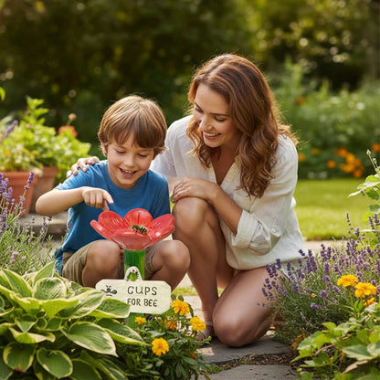 Un enfant et sa maman devant une coupe fleur rouge au milieu des plantes
