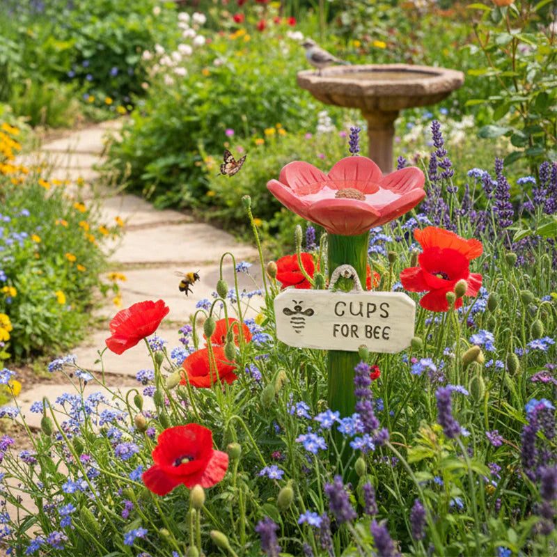 Coupe fleur rouge dans un jardin fleuri, près d'une vasque en pierre