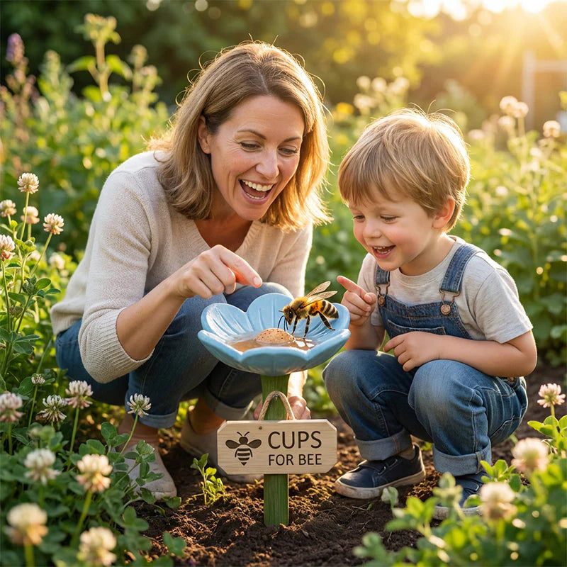 Une maman et son enfant observent une abeille sur une coupe fleur bleue