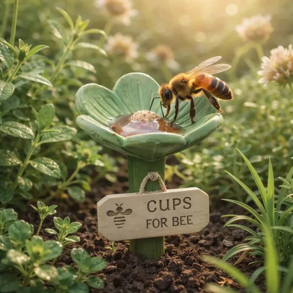 Coupe fleur verte avec une abeille, piquet planté dans le jardin