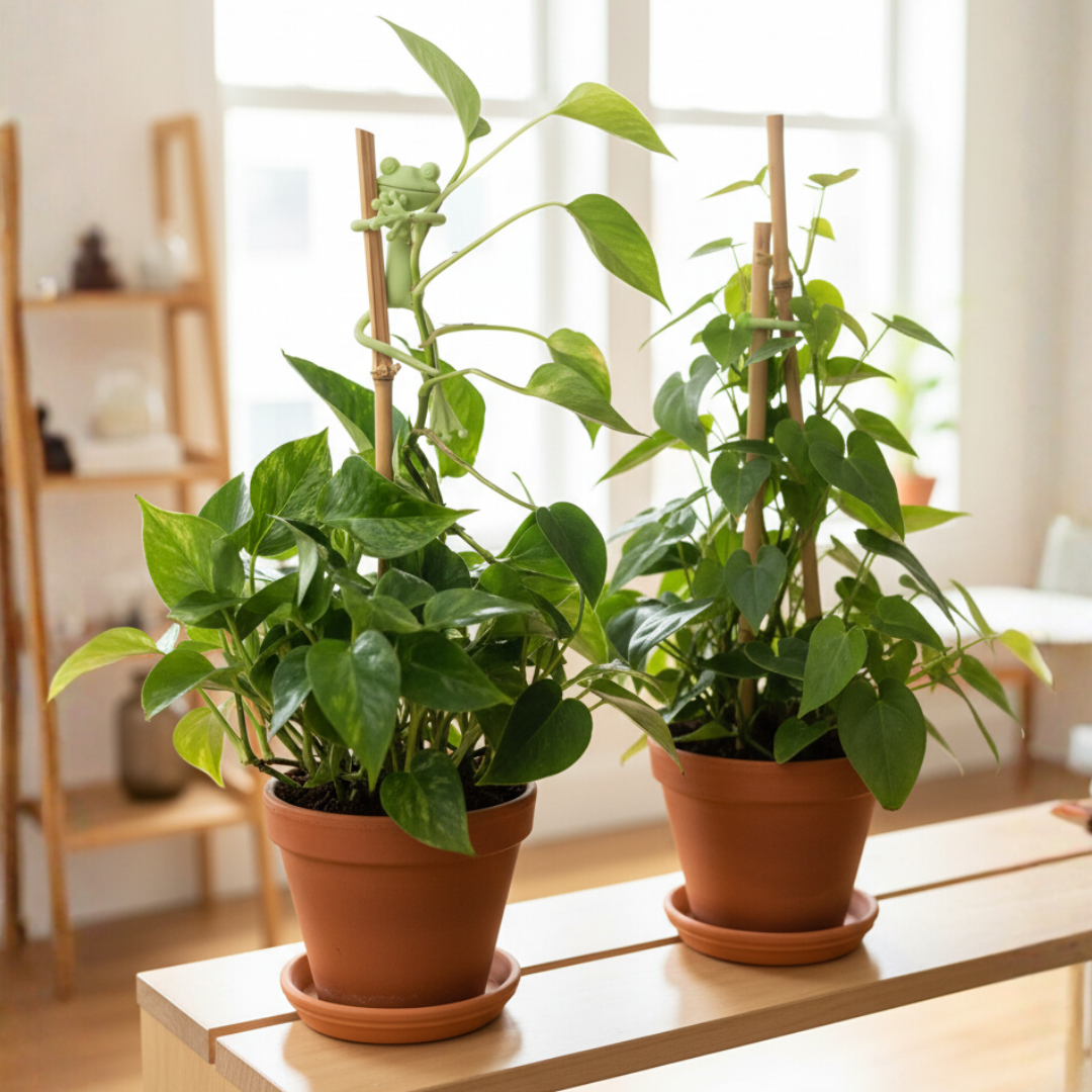 Deux tuteurs décoratifs mamie frog dans deux pots de fleur