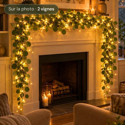 Vigne de Lumière guirlande d'eucalyptus lumineuse sur une cheminée | Jardin de Mamie