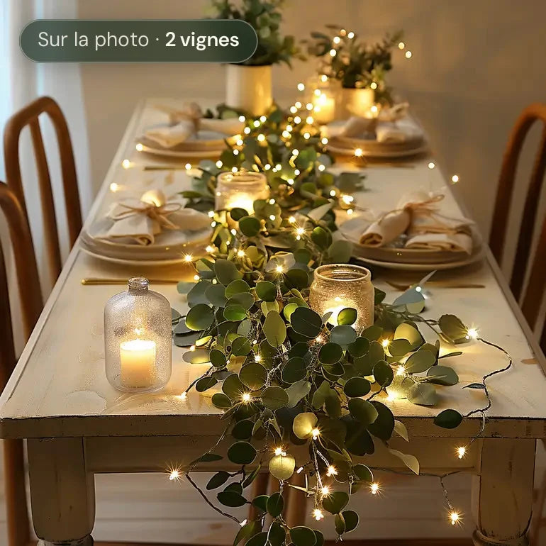 Vigne de Lumière guirlande lumineuse en chemin de table pour un dîner de fête | Jardin de Mamie